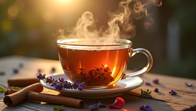 Herbal Tea in Tumbler Surrounded by Natural Ingredients