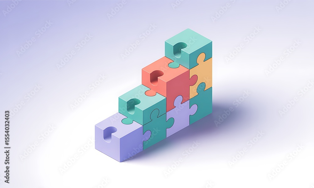 Poster puzzle cubes assemble steps in studio, demonstrating a teamwork concept with copy space, representin