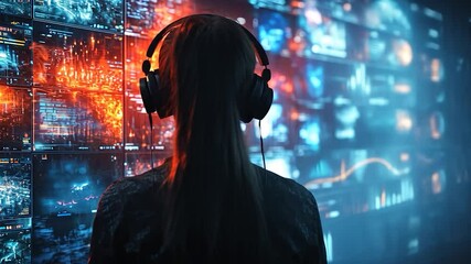 Woman with headphones observes a futuristic digital wall displaying data streams and information. - Powered by Adobe