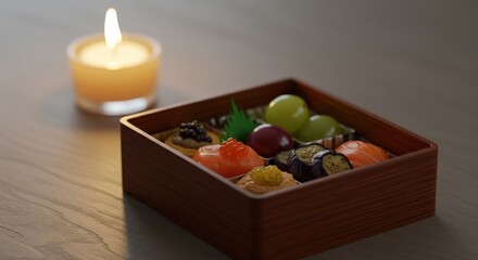 Japanese bento box with salmon sushi, roe, and fruit, illuminated by a warm candle flame on a wooden table for a special meal.