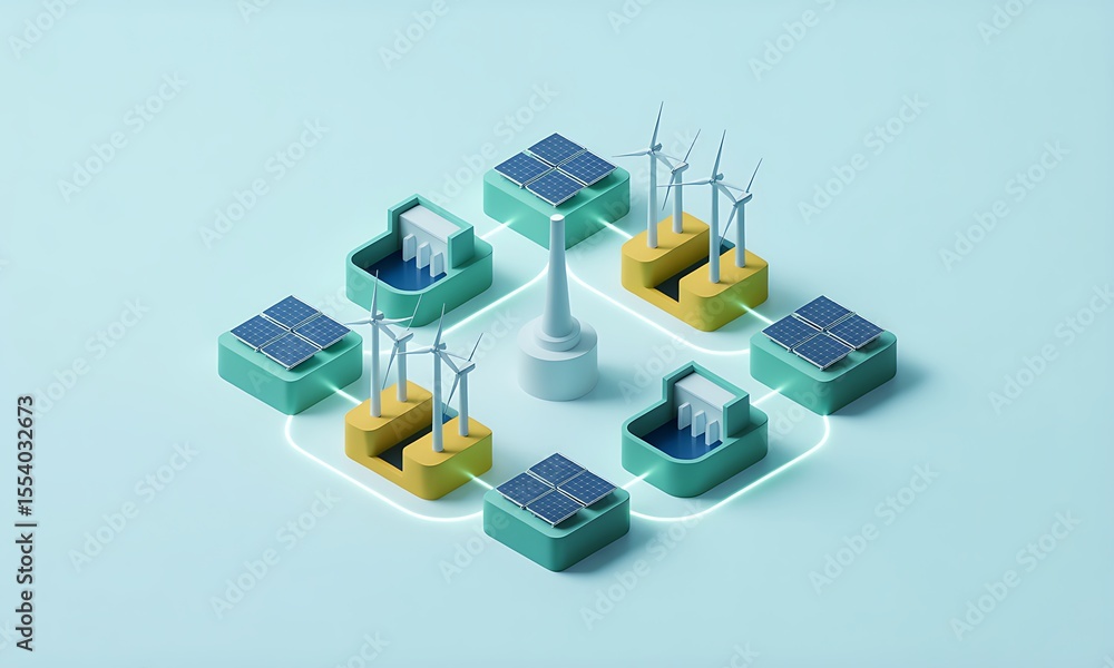 Poster renewable energy sources connect in a clean energy network, representing sustainable power generatio