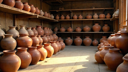 Old factory workshop filled with handcrafted clay pots on wooden shelves, showcasing artisan craftsmanship in rustic surroundings. Warm lighting, natural wood tones, and visible details of the pottery