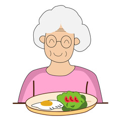Cartoon Illustration of Grandmother with Food