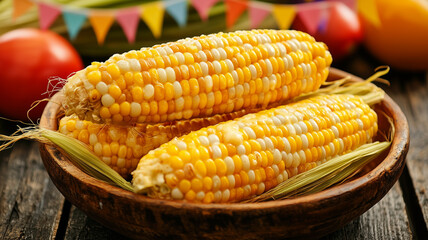 Traditional Festa Junina Corn on the Cob with Butter and Bunting Flags.
