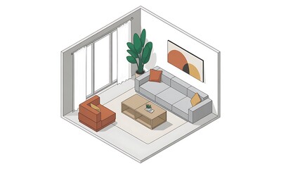 Isometric Living Room Depicts Modern Interior Design, Illustrating Comfortable Home Ambience, with copy space, cozy atmosphere, clean design, architectural visualization
