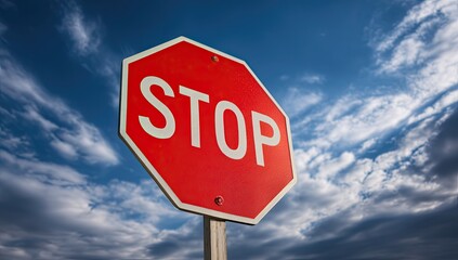 Obraz premium Red octagon stop sign against a cloudy sky