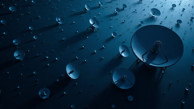 An otherworldly, futuristic aerial view of the Very Large Array satellite dishes in New Mexico.  Vast, dark, and star-filled sky.  Stunning details of the array, with a sense of scale and wonder.