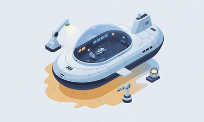Submarine Explores Sandbar, Illustrative Design, Isometric View, Futuristic Technology, Marine Exploration, with Copy Space