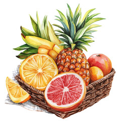 Beach Picnic Tropical Fruits, watercolor drawing vector, isolated on a white background.