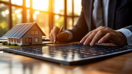 Businessman Conducting Profitability Study of Photovoltaic Solar Panels with House Model on Wooden Desk.
