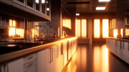 Modern kitchen interior during sunset with warm light illuminating countertops and cabinets