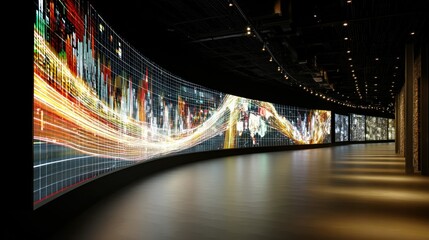 Curved wall of large screens displaying dynamic data visualizations