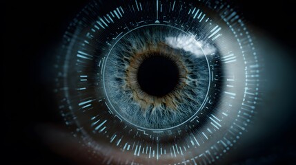 Biometric security clock interface scanning retina unlock time access tech noir background security AI technology vibe close up eye level shot tech concept visuals transparent