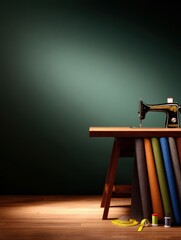 Vintage sewing machine on a wooden table with colorful fabric rolls and sewing supplies nearby