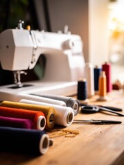 Colorful sewing threads and tools arranged on a wooden table beside a sewing machine in a bright workspace