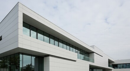 Abstract perspective of a modern white building with sleek lines, reflective glass, and minimalist architectural details under a cloudy sky.