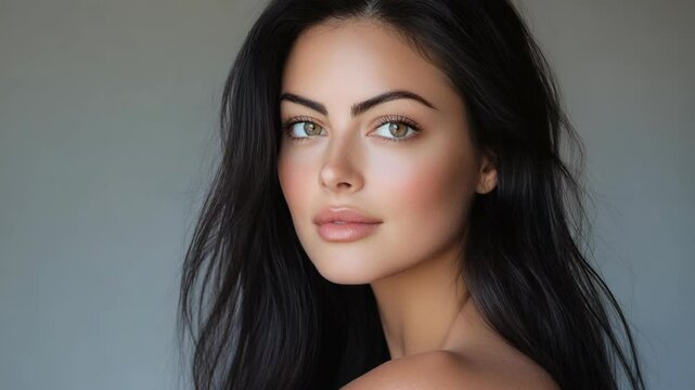 pretty Caucasian woman close up face portrait with light make up confident peaceful looking at camera, cosmetic and beauty portrait 