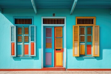 Vibrant facade with colorful shutters and doors