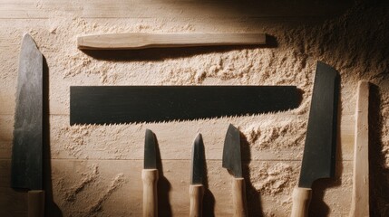 A collection of various kitchen knives arranged on a wooden surface with shavings in the background