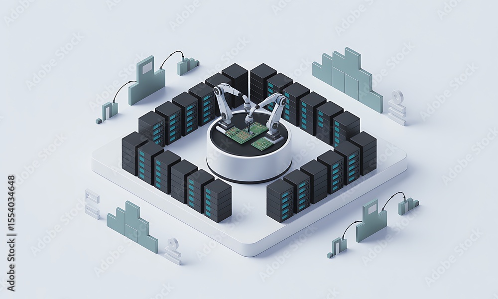 Poster robotic arms assemble microchips in a server room, showcasing automation and advanced technology, wi
