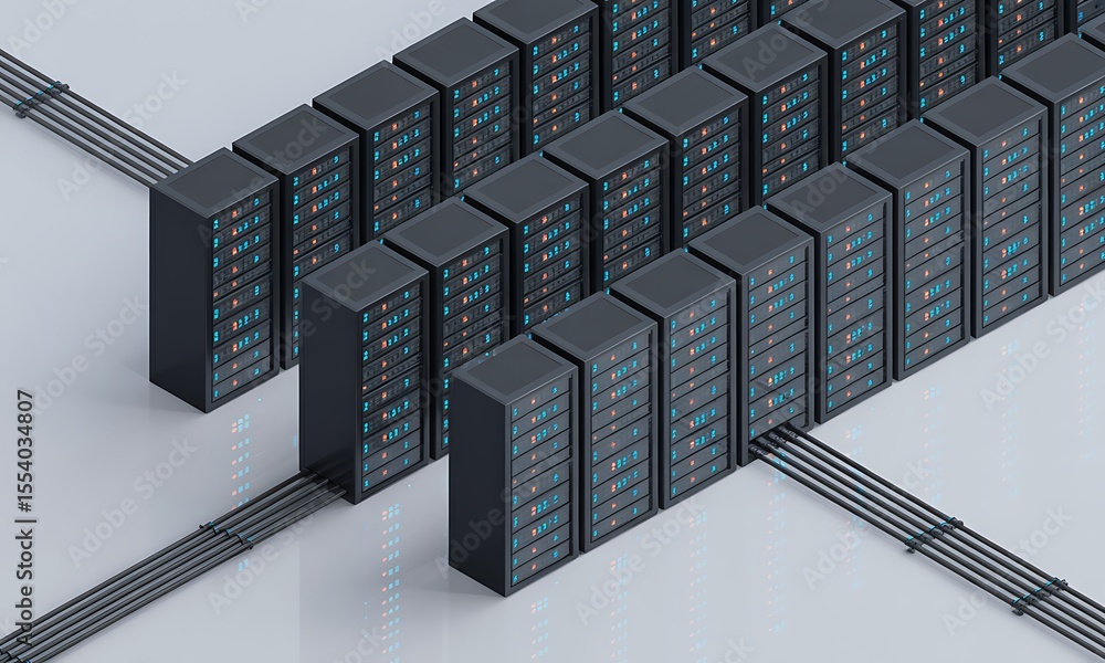 Poster data servers connect in rows, illustrating network infrastructure, featuring data center with copy s