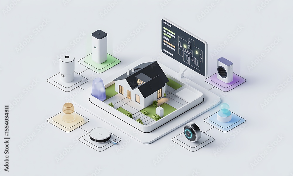 Aufkleber smart home system integrates devices around a house model, digitally displaying settings with a clea
