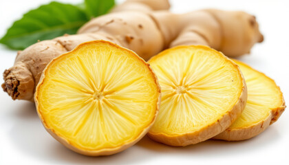 Fresh sliced turmeric root with bright yellow interior and textured skin, showcasing natural vibrant color and healthy appearance