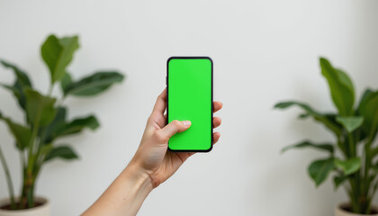 Smartphone with green screen held by female hand, indoor plant background, minimal style, modern technology, close up view