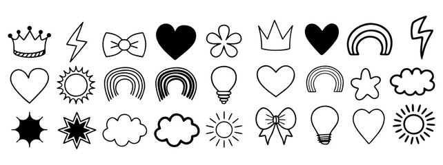 A collection of hand drawn doodle icons featuring hearts rainbows suns clouds lightning bolts crowns flowers lightbulbs and bows on a white background