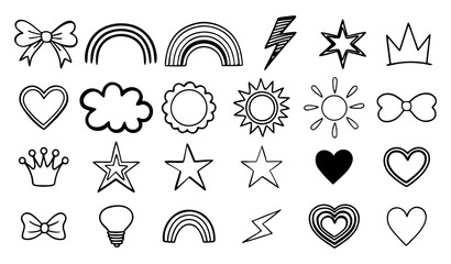 A charming collection of hand drawn doodle icons featuring rainbows stars hearts crowns lightning bolts clouds suns lightbulbs and bows perfect for scrapbooking and design projects