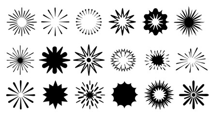 Collection of eighteen diverse black starburst and sunburst graphic design elements isolated on a white background representing explosions bursts and radial patterns