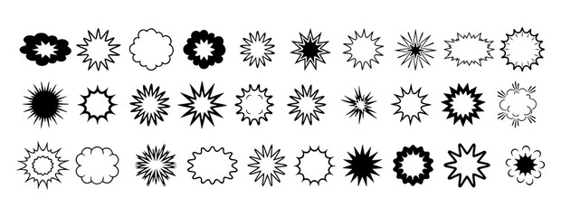 Collection of diverse black and white comic book style explosion and starburst speech bubble shapes for graphic design and visual communication elements