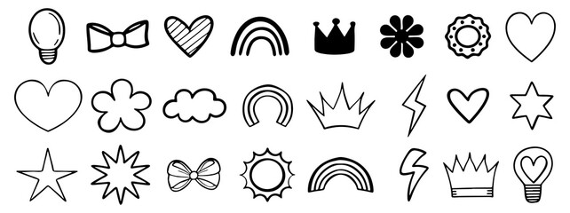 A collection of hand drawn doodle icons featuring a lightbulb bow tie hearts rainbows crowns clouds lightning bolts stars and sun symbols on a white background