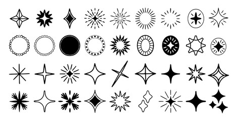 A collection of hand drawn black and white starbursts sparkles and decorative circular elements representing a variety of graphic design assets