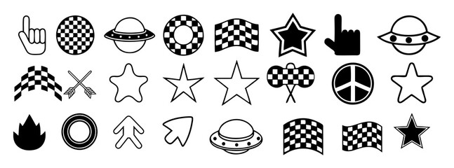 A collection of black and white graphic icons including racing flags stars ufos peace signs arrows a flame and a finger pointing upwards