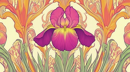Ornate floral design with irises and stylized foliage.