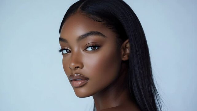 pretty black African woman with radiant flawless skin, facial and skincare beauty industrial model portrait on soft light background