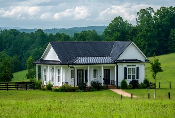 Obraz premium A white farmhouse with a black metal roof sits on a grassy field overlooking a lush green valley.