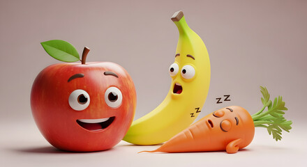 A whimsical scene of anthropomorphic fruits and vegetables come to life: an apple grinning, a surprised banana, and a sleeping carrot, evoking playfulness and healthy eating.
