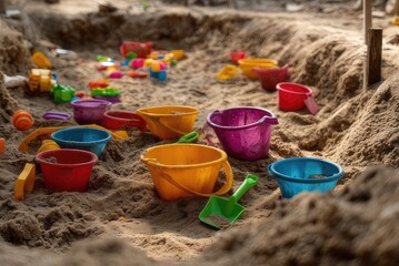 Colorful plastic toys scattered in a sandbox