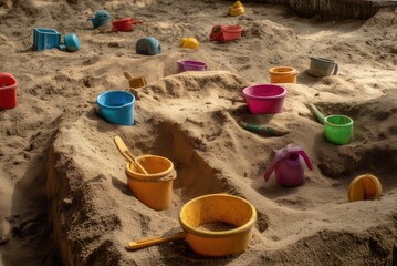 Colorful plastic sand toys scattered on a sandy play area