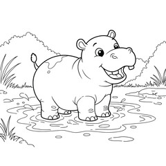 A cheerful cartoon hippopotamus stands in a shallow puddle amid green bushes and grass, grinning widely.