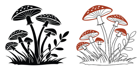 Mushroom Silhouette and Colored Illustration Vector Set