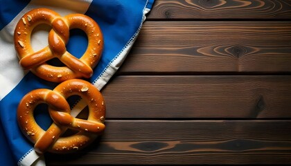 Bavarian pretzels on a wooden table, draped with a blue and white checkered cloth, evoking Oktoberfest festivities