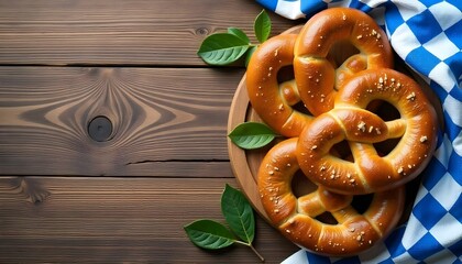 A rustic wooden table features Bavarian pretzels on a blue and white checkered cloth, symbolizing Oktoberfest traditions