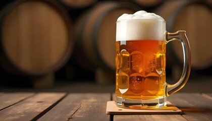A glass of beer on a wooden table, with barrels in the background, evoking Oktoberfest festivities in Bavaria