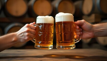 Two people in traditional attire hold beer mugs in front of barrels, celebrating Oktoberfest with pretzels in the background