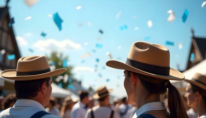 Celebrants at Oktoberfest wear hats and white shirts, with some dressed in lederhosen and dirndls amidst a festive atmosphere