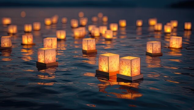 Floating lanterns on water at twilight