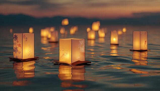 Floating paper lanterns on water at sunset